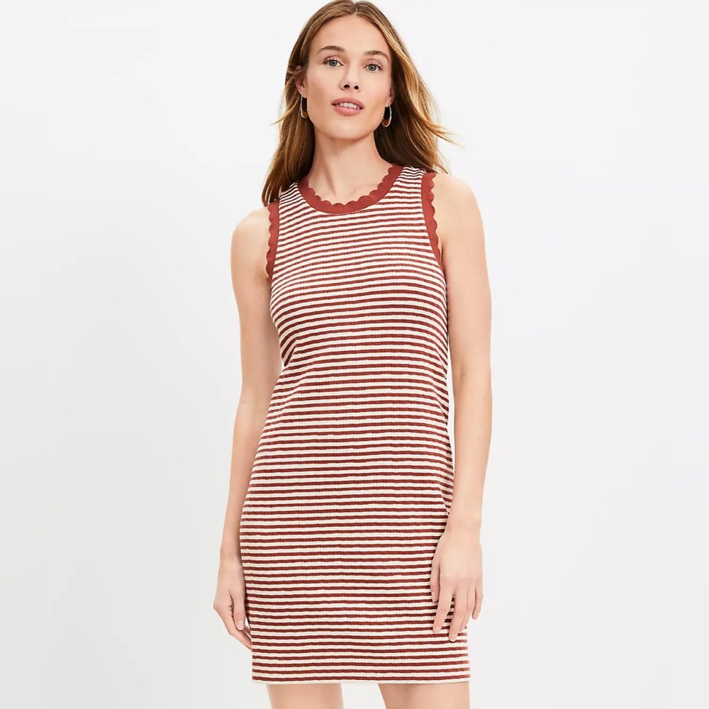 NWT LOFT Copper Striped Scalloped Ribbed Mini Dress - Size M